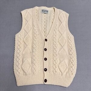 Aran Sweater Market Cardigan Vest Mens M Cream Wool Cable Knit Irish‎ Fisherman